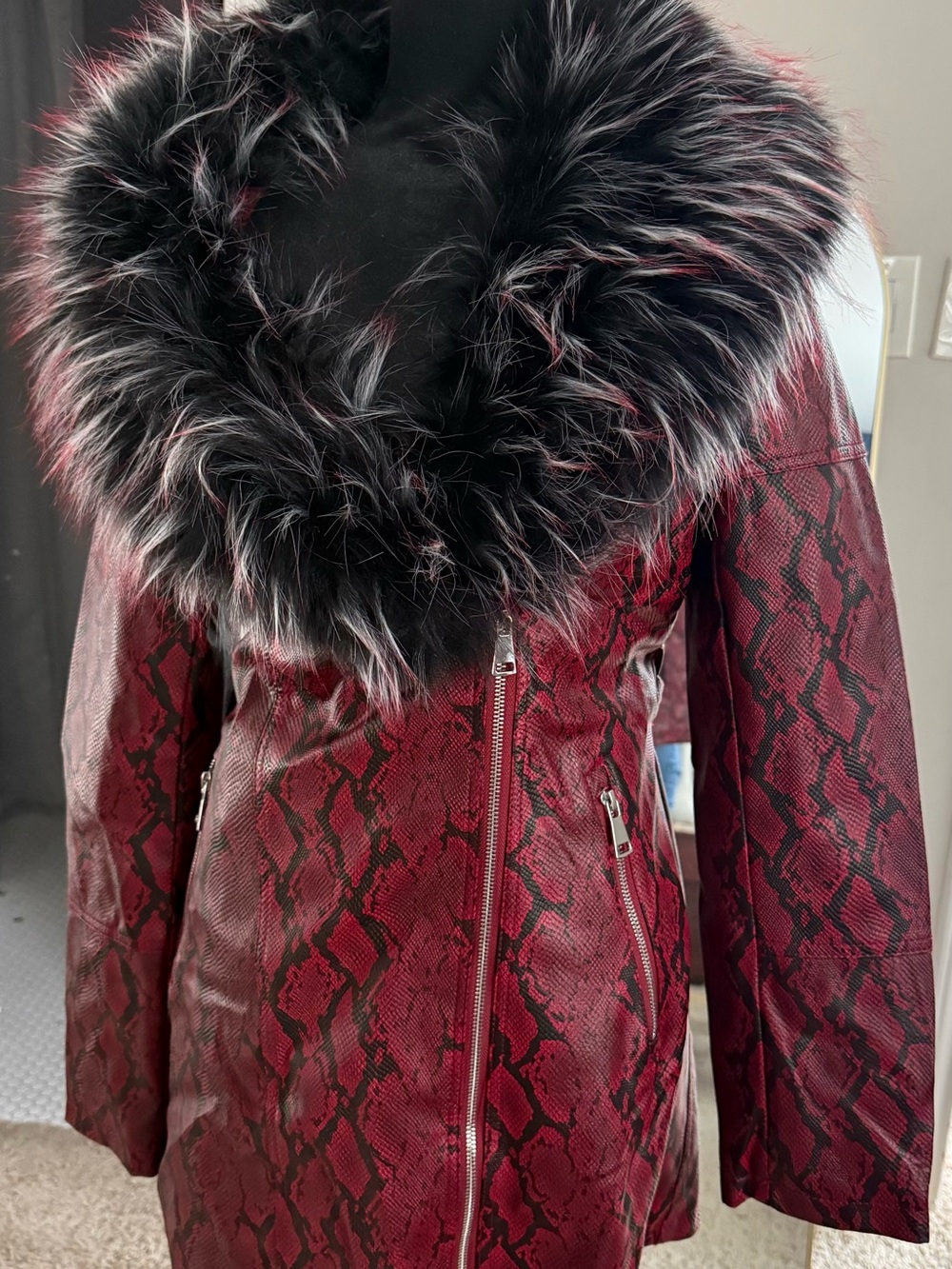 Red Snake-Print Faux Fur Collar Leather Jacket